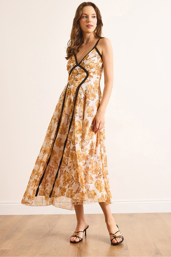 Olalook Women's Camel Piping Detailed Strap Lined Midi Dress Elb-19002509