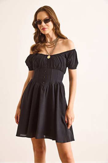 Olalook Women's Black Carmen Collar Waist Corsage Detailed Lined Mini Flared Dress Elb-19002513