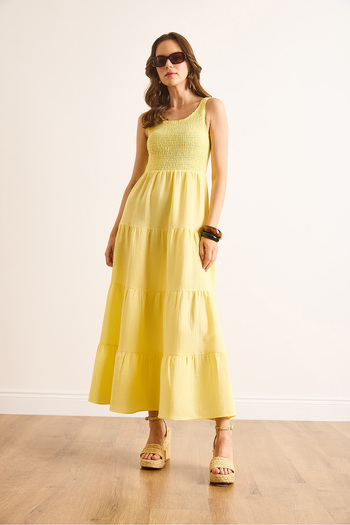 Olalook Women's Yellow Top Gipeli Piece Maxi Muslin Dress Elb-19002499