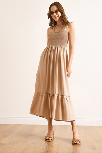 Olalook Women's Stone Strap Gipeli Midi Woven Viscose Dress Elb-19002102