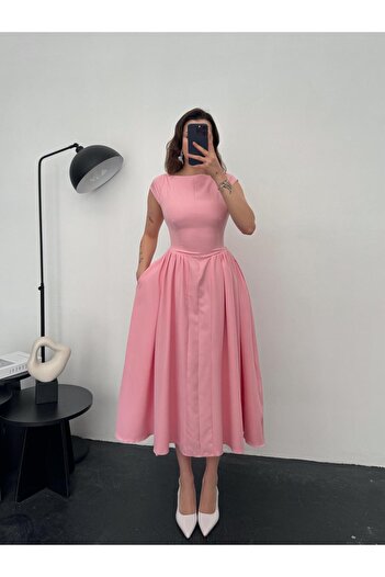 OYKUWEAR Harris Pembe Belden Oturtmalı Sırt Detay Midi Boy Elbise