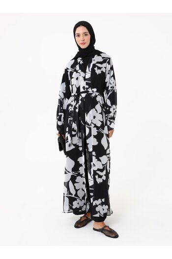 Refka Printed Chiffon Kimono -Black - White -Refka