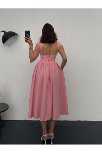 OYKUWEAR Harris Pembe Belden Oturtmalı Sırt Detay Midi Boy Elbise