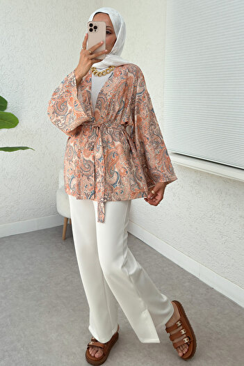 Salih Çelebi Shawl Pattern Belted Kimono 2375 - Powder