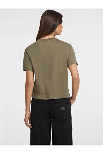 Guess Khaki Women's Crew Neck Box Fit Patterned T-Shirt Gj Ss Cn Boxy - Organic Cotto