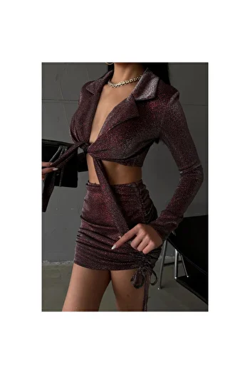 gl00my Silvery Fabric Crop Blouse and Short Shirred Skirt Set - Burgundy