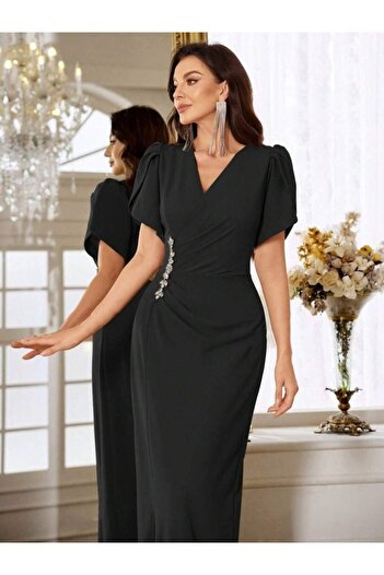 Viyamo New Season Women's Short Sleeve Double Breasted Collar Waist Floral Accessories Slit Imported Crepe Dress