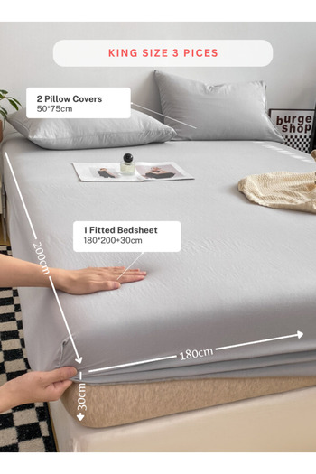 LUNA HOME 3-Piece Set: king-size fitted bedsheet and two pillowcases, washable cotton in a light grey color.