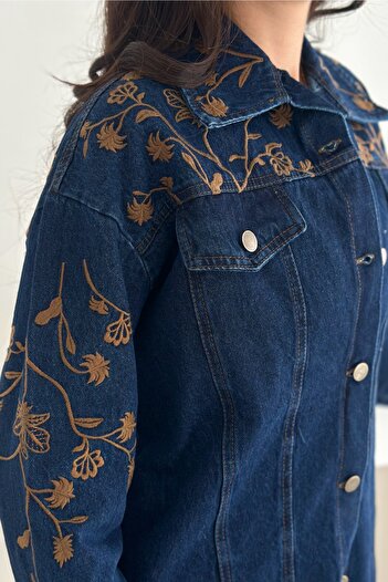 FEMELLE Women's Navy Blue Tasseled Embroidered Denim Jacket
