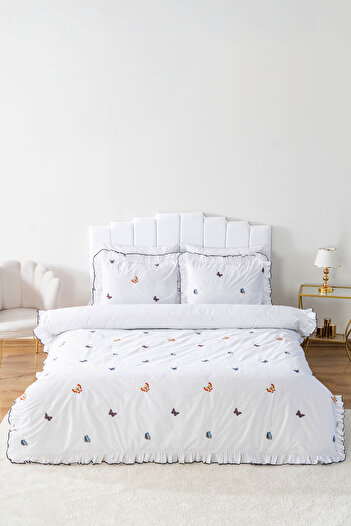 Rivaİstanbul Butterfly Double Embroidered 100% Cotton Duvet Cover Set & Dowry Set