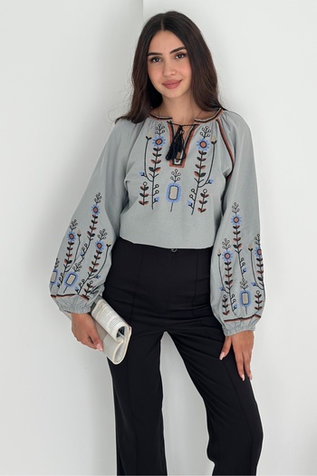 FEMELLE Women's Gray Bohemian Ethnic Pattern Embroidery Embroidered Cotton Blouse