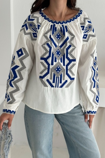 FEMELLE Women's White Balloon Sleeve Ethnic Pattern Embroidery Embroidered Cotton Blouse