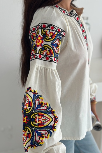FEMELLE Women's White Button Balloon Sleeve Floral Embroidery Embroidered Cotton Shirt