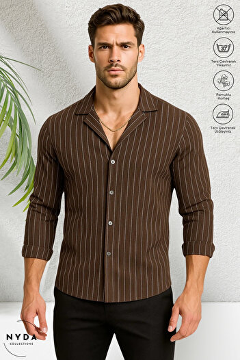 Nyda Collections Men's Crepe Fabric Striped Lycra Seasonal Long Sleeve Shirt