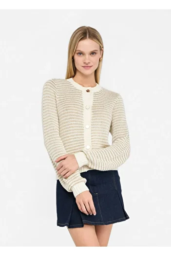 Liu Jo Women's Regular Fit Stripe Pattern Long Sleeve Knitted Beige Cardigan Uf5281Ma016-04120