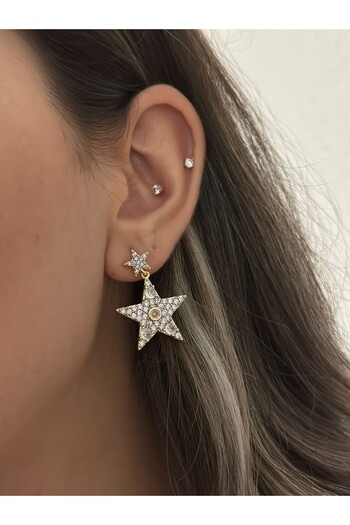 MyladyAccessoriess Double Color Zircon Stone Detail Star Earrings (Steel)
