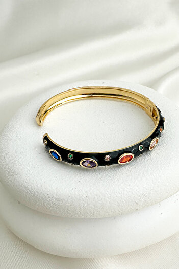 Modex Gold Color Enamel Oval Colored Stone Design Handcuff Bracelet (Diameter: 6cm)