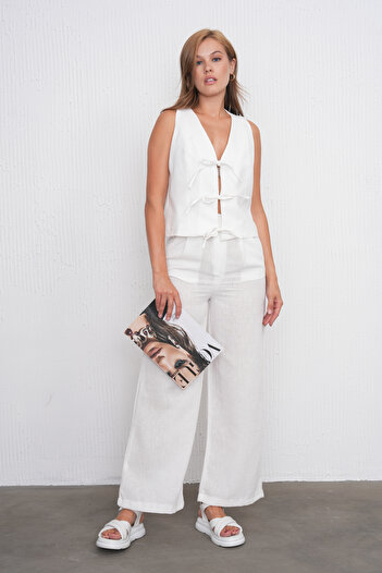 VOLT CLOTHİNG Women's Bow Detailed Vest Trousers Linen Suit
