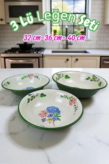 İnci Emaye 32 Cm-36 Cm-40 cm 3-Piece Enamel Basin Whisk and Mixing Bowl, Dough Basin, Fruit Bowl, Dowry, Gift,