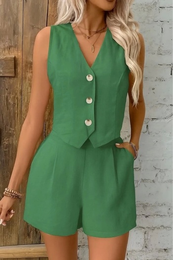 Asil Acar Home Women's Sleeveless Strap V-Neck Front Buttoned Imported Linen Jacket and Short Double Suit