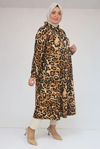 Eslina 58083 Large Size Mevlana Patterned Wrinkled Shirt - Black-Leopard