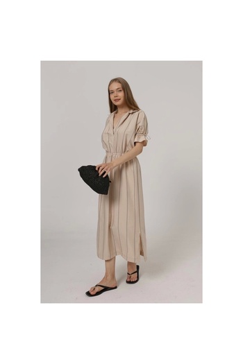 POLEXP Gl00My Elastic Waist Dress - Stone Color with Metallic Details