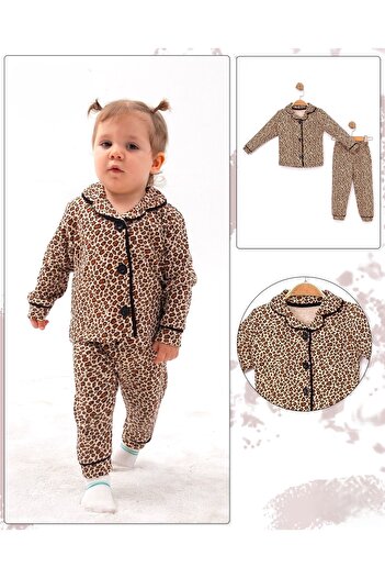 Bebelove Girl's and Baby's Leopard Patterned Buttoned Pajama Set