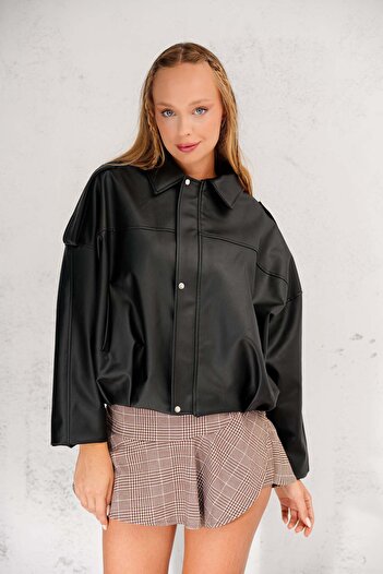 MEECY Dámská kožená bunda Epaulet Detailed New Season Bomber