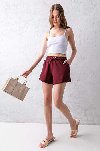CNRCollection Women's Burgundy Stretchy Lycra Elastic Waist Lace up Soft Textured Double Pocket Comfortable Modal Fabric Shorts