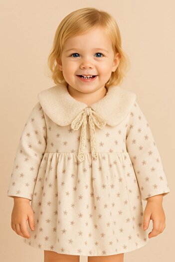 dinamik çocuk Baby Girl Removable Plush Collar Floral Print Long Sleeve Dress 3-6-9-12-18-24 Months