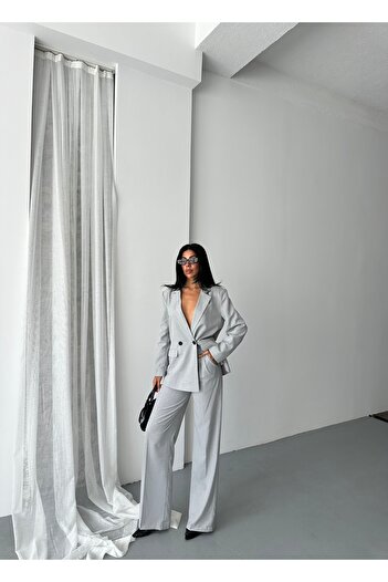 GALAVİP Oversized Double-Breasted Jacket & Wide-Leg Pants Women's Two-Piece Set – Office & Cocktail Chic (S‑M‑L)
