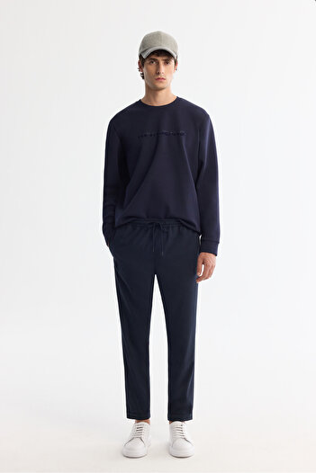 Avva Men's Navy Blue Side Pocket Elastic Waist Lace up Double Leg Jogger Pants E 003000