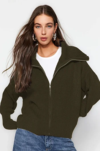 Trendyol Collection Turn-Down Collar Zippered Khaki Knitwear Cardigan - Wide Fit Twoaw24Hi00072