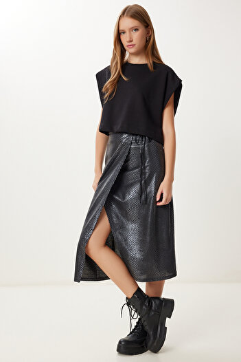 Happiness İstanbul Women's Anthracite Patterned Asymmetrical Midi Woven Skirt Ub00461