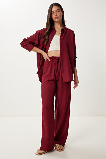 Happiness İstanbul Women's Burgundy Linen Shirt Pants Suit Pb00051