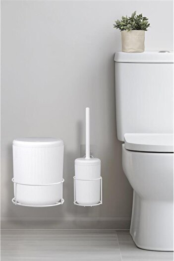 Okyanus Home White Eco Magic Hanging Round Mina 2-Piece Wc Bucket and Brush Set