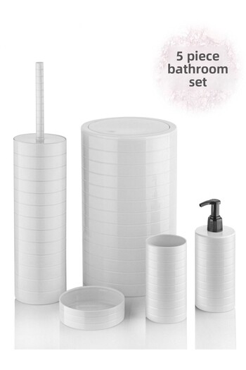 Bayev Moblen White Round Bathroom Set Set of 5 Trash Can Toothbrush Holder Liquid Soap Dispenser