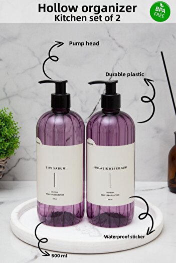 homence Set of 2 Dishwashing Liquid and Liquid Soap Plastic Bottle with Label Kitchen Set Purple Soap Dispenser 500 ml