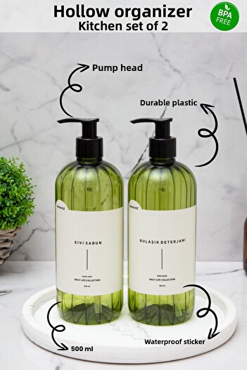 homence Set of 2 Dishwashing Liquid and Liquid Soap Plastic Bottle with Label Kitchen Set Green Soap Dispenser 500 ml
