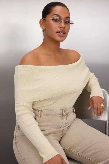 Trendyol Curve Ecru Glittered Ribbed Carmen Collar Knitwear Blouse Tbbaw25Af00000