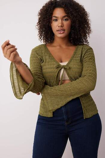 Trendyol Curve Khaki Premium Binding Detailed Textured V-Neck Flexible Knitted Large Size Blouse Tbbaw26Af00032