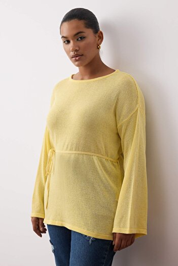 Trendyol Curve Yellow Boat Neck Waist Belted Slim Knitwear Sweater Tbbaw26An00036