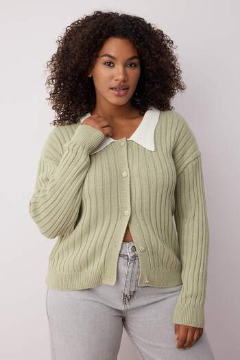 Trendyol Curve Mint Ribbed Collar Detailed Buttoned Knitted Cardigan