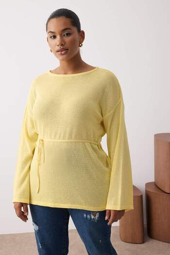 Trendyol Curve Yellow Boat Neck Waist Belted Slim Knitwear Sweater Tbbaw26An00036