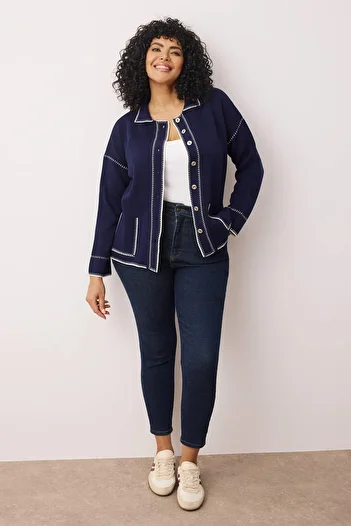 Trendyol Curve Navy Blue Polo Collar Embroidered/Embroidered Knitwear Cardigan Tbbaw26Av00021
