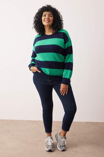 Trendyol Curve Navy Blue Green Striped Crew Neck Knitwear Sweater Tbbaw26An00005