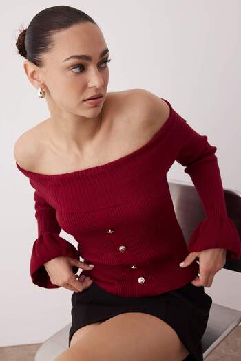 Trendyol Collection Burgundy Fitted Body Carmen Collar Ribbed Knitwear Sweater Twoaw26Kz00010