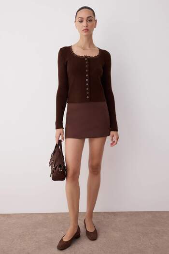 Trendyol Collection Brown Crop Lace Garnish Square Collar Soft Texture Body Wrap Knitwear Cardigan Twoaw26Hi00061