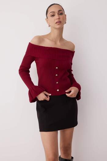 Trendyol Collection Burgundy Fitted Body Carmen Collar Ribbed Knitwear Sweater Twoaw26Kz00010