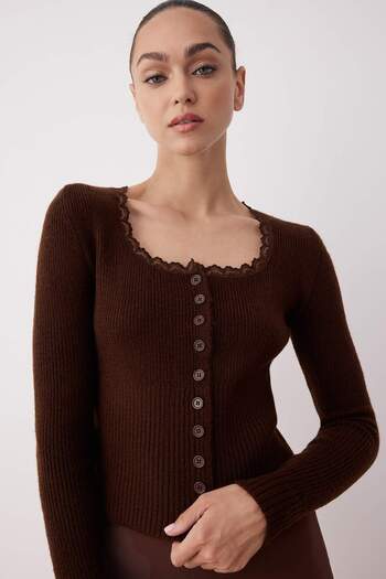 Trendyol Collection Brown Crop Lace Garnish Square Collar Soft Texture Body Wrap Knitwear Cardigan Twoaw26Hi00061